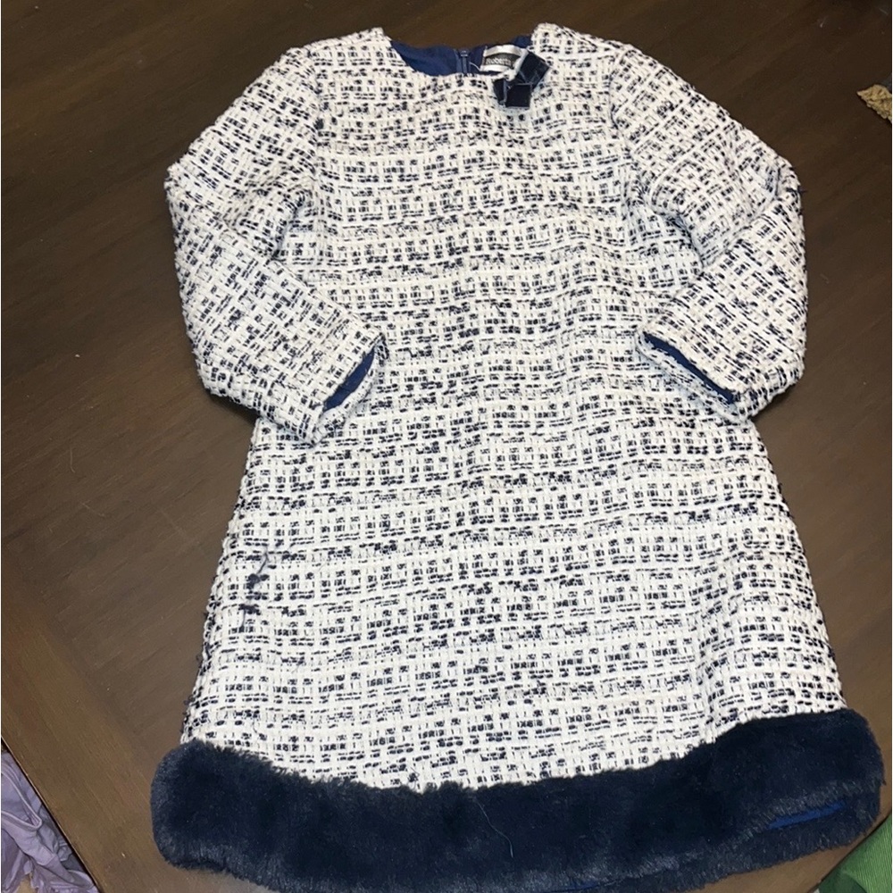 ROBERTA DI ROMA BLUE FAUX FUR TRIMMED TWEED DRESS GIRLS 6